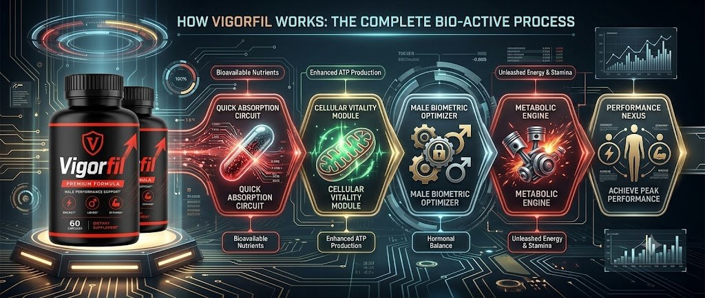 VigorFil five-stage how it works: quick absorption, cellular vitality, hormonal balance, energy and stamina, peak performance